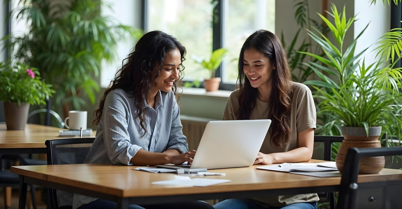 two women looking laptop image